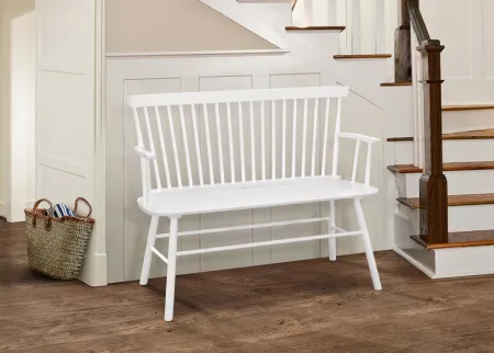 White Spindle Back Bench with Armrests