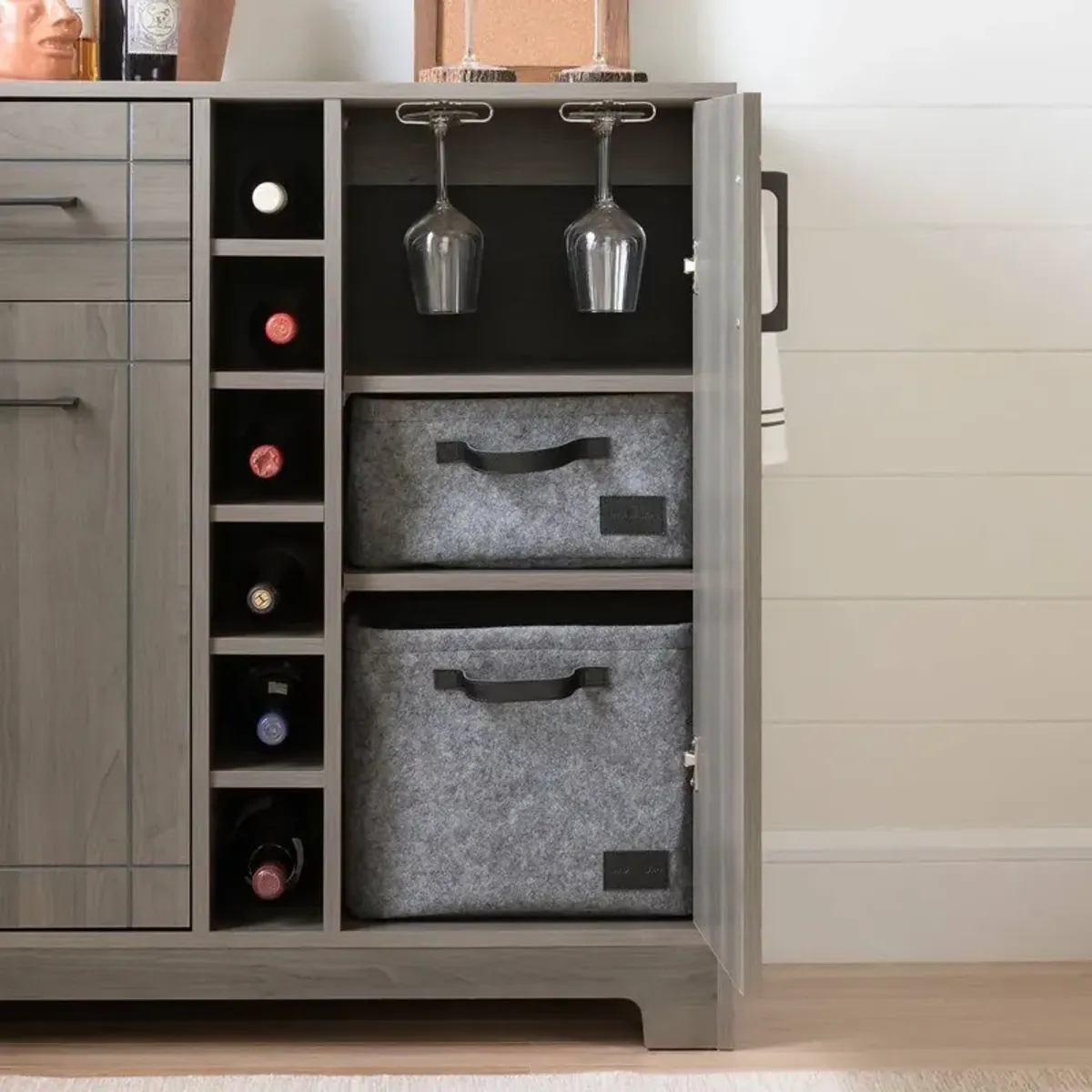 Vietti Gray Bar Cabinet with Bottle and Glass Storage - South Shore