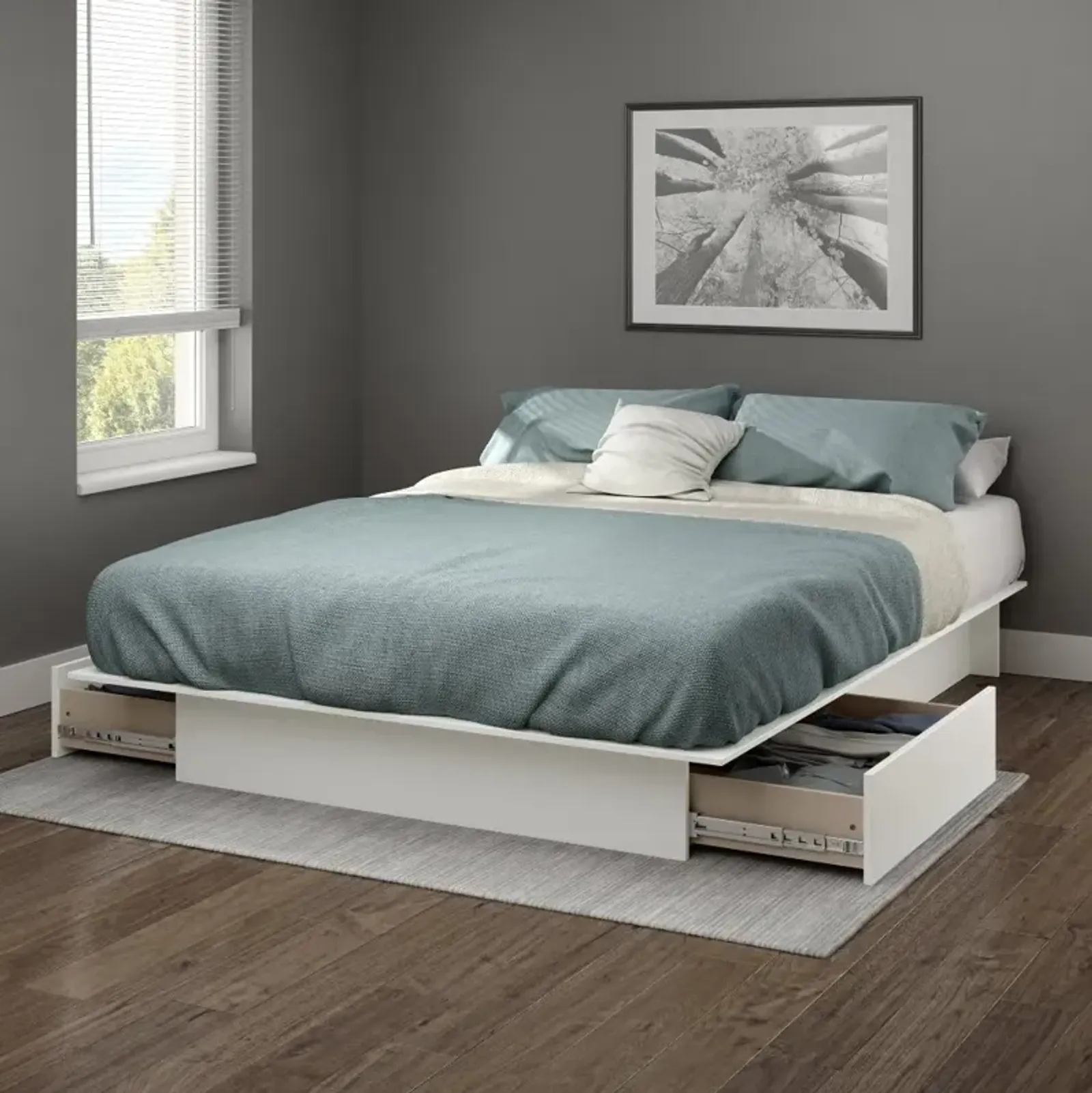 Gramercy White Full-Queen Platform Bed with Drawers - South Shore