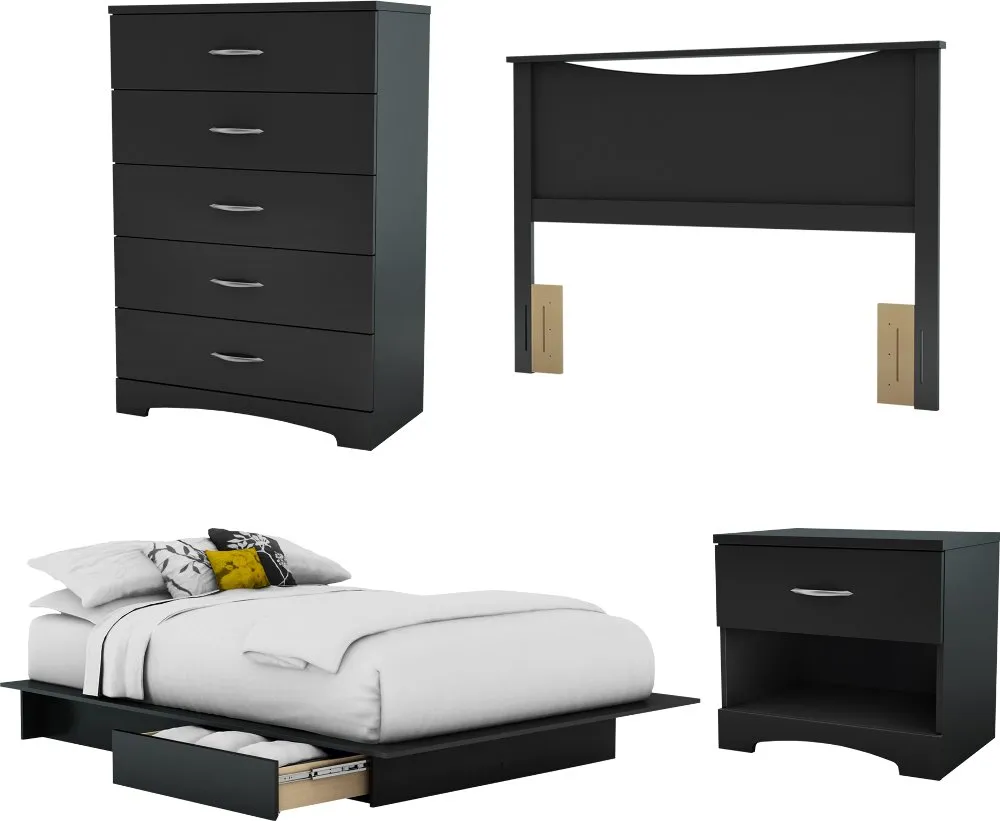 Step One Black 4 Piece Full Size Bedroom Set - South Shore