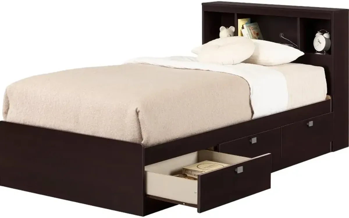 Spark Chocolate Twin Storage Bed and Bookcase Headboard Set -...