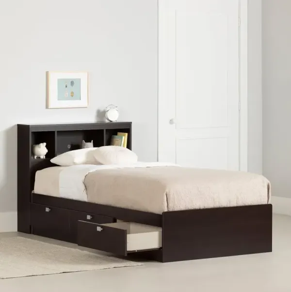 Spark Chocolate Twin Storage Bed and Bookcase Headboard Set - South Shore