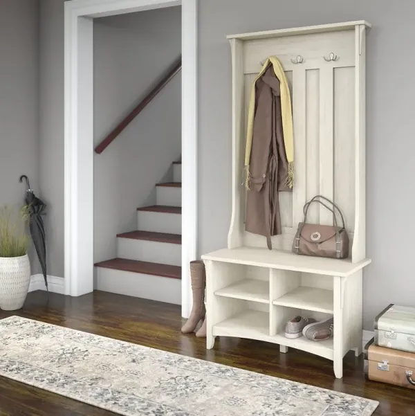 Salinas Antique White Hall Tree with Storage Bench - Bush Furniture