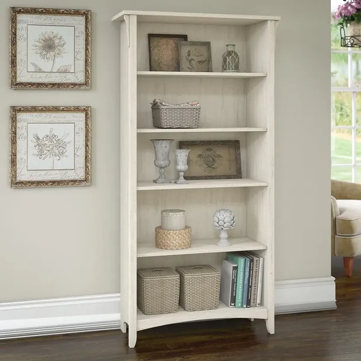 Salinas Antique White 5-Shelf Bookcase - Bush Furniture