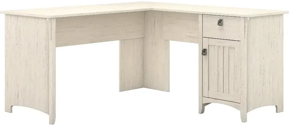 Salinas Antique White L-Shaped Desk with Storage - Bush Furniture