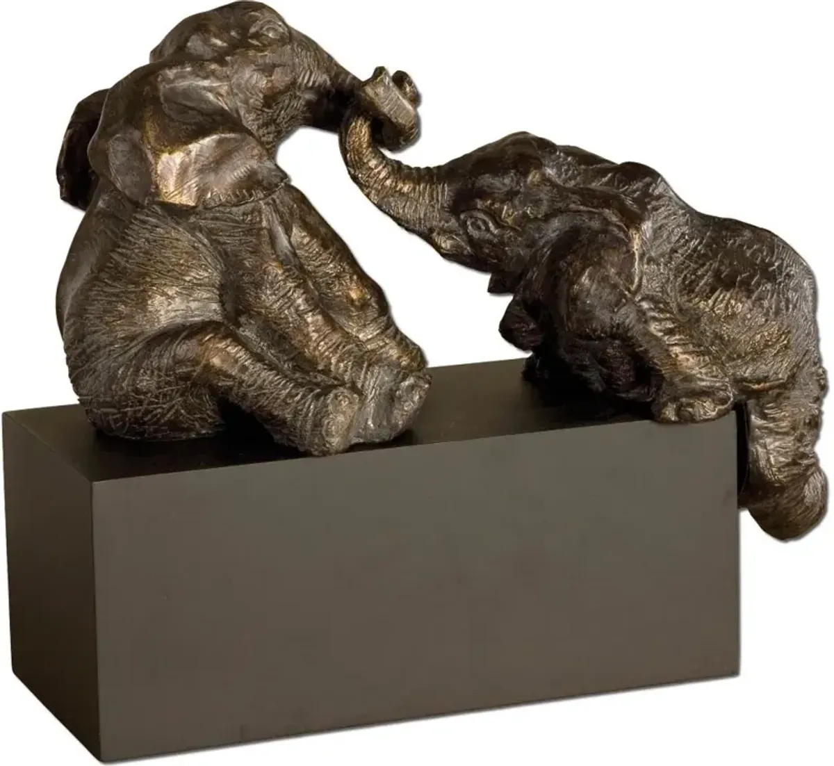 Antique Bronze Playful Pachyderms with Gray Glaze and Black Base