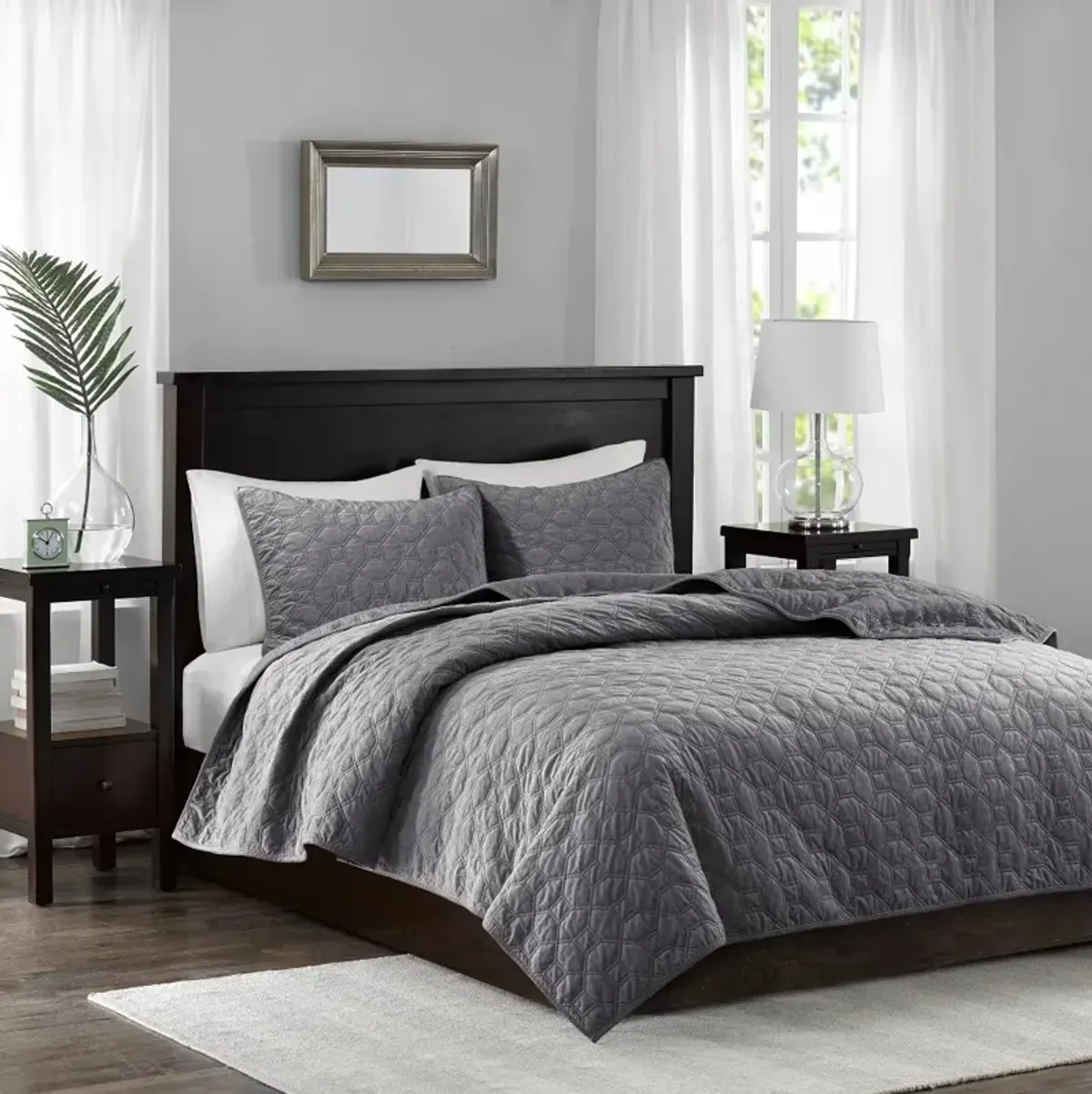 Harper Gray Velvet King 3 Piece Coverlet Bedding Collection