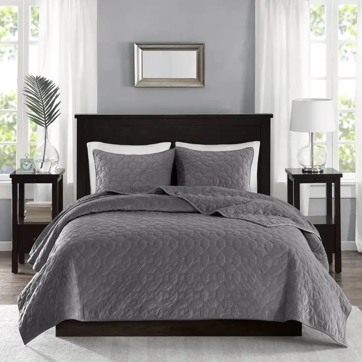 Harper Gray Velvet King 3 Piece Coverlet Bedding Collection