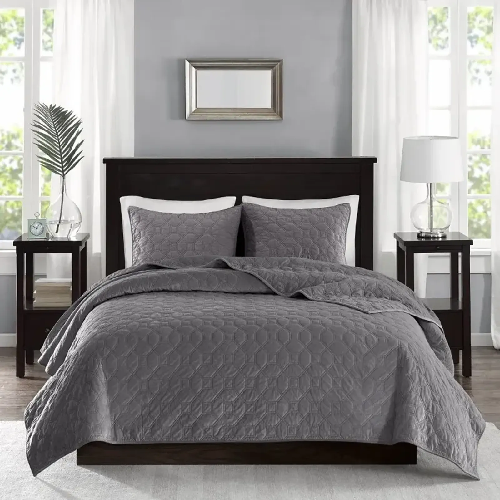 Harper Gray Velvet King 3 Piece Coverlet Bedding Collection