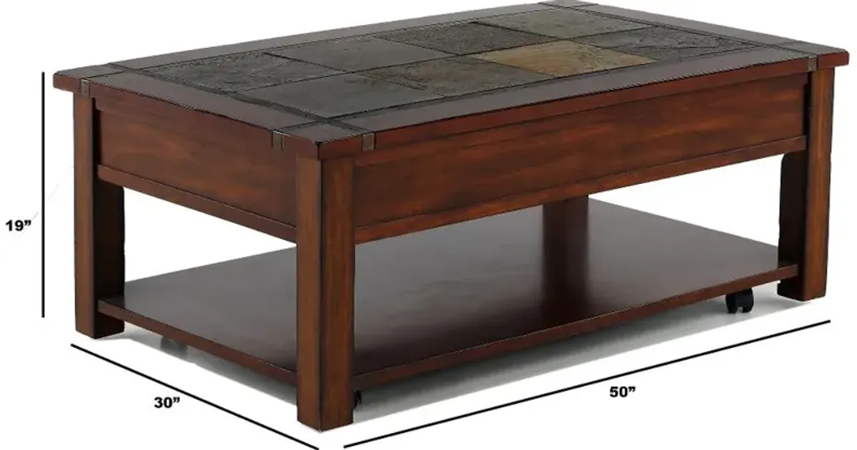 Roanoke Cherry Brown Coffee Table with Slate Lift-top