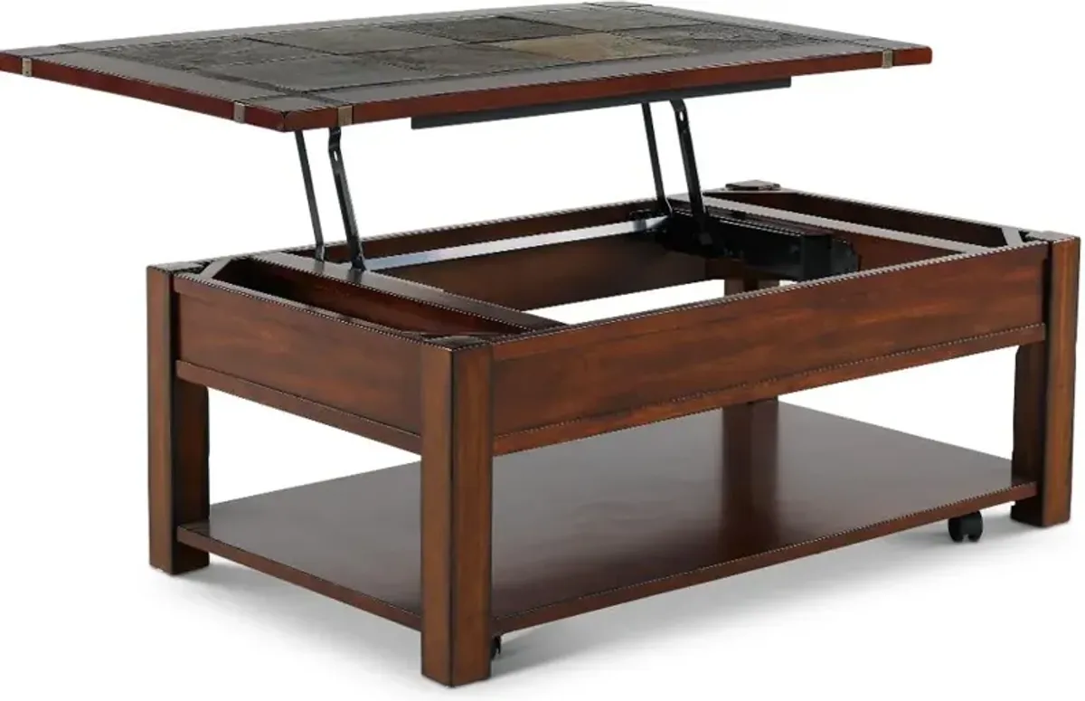 Roanoke Cherry Brown Coffee Table with Slate Lift-top