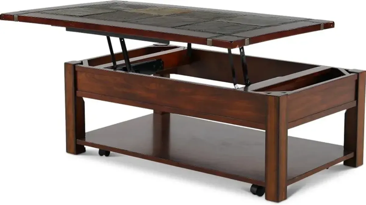 Roanoke Cherry Brown Coffee Table with Slate Lift-top