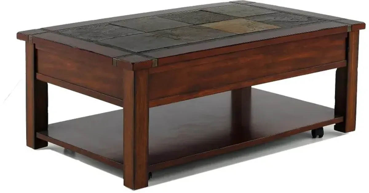 Roanoke Cherry Brown Coffee Table with Slate Lift-top