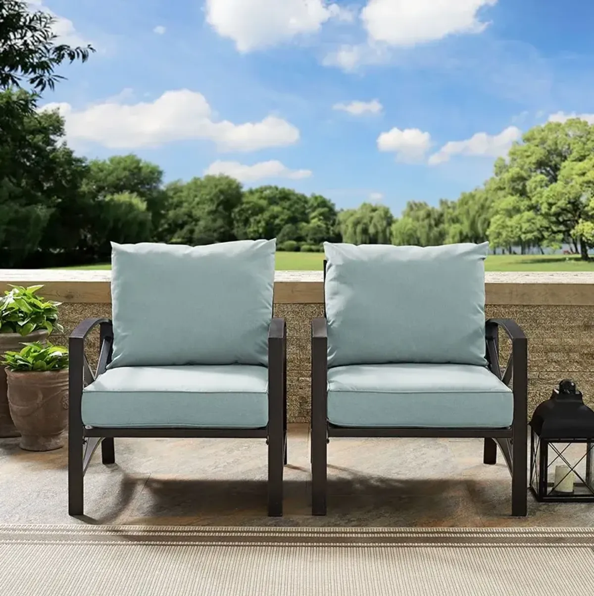 Kaplan Black and Blue Patio Armchairs, Set of 2