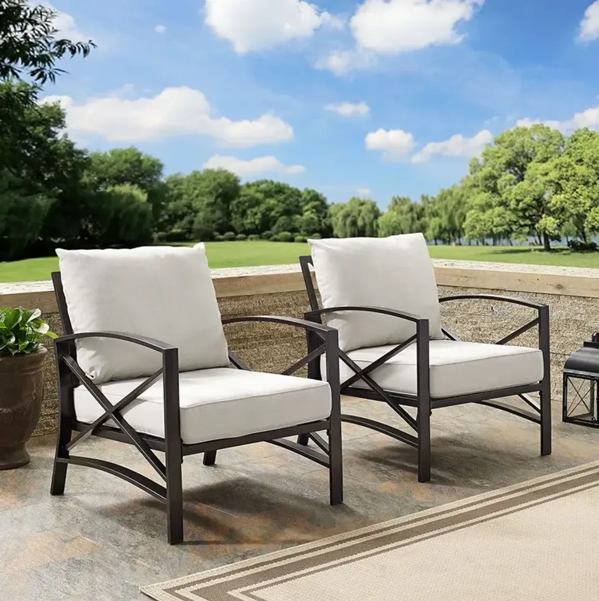 Kaplan Black and Beige Patio Armchairs, Set of 2