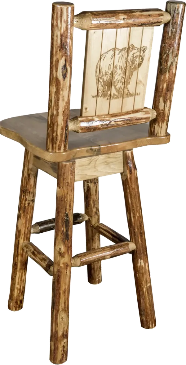 Rustic Pine Swivel Bar Stool with Laser Engraved Bear - Glacier
