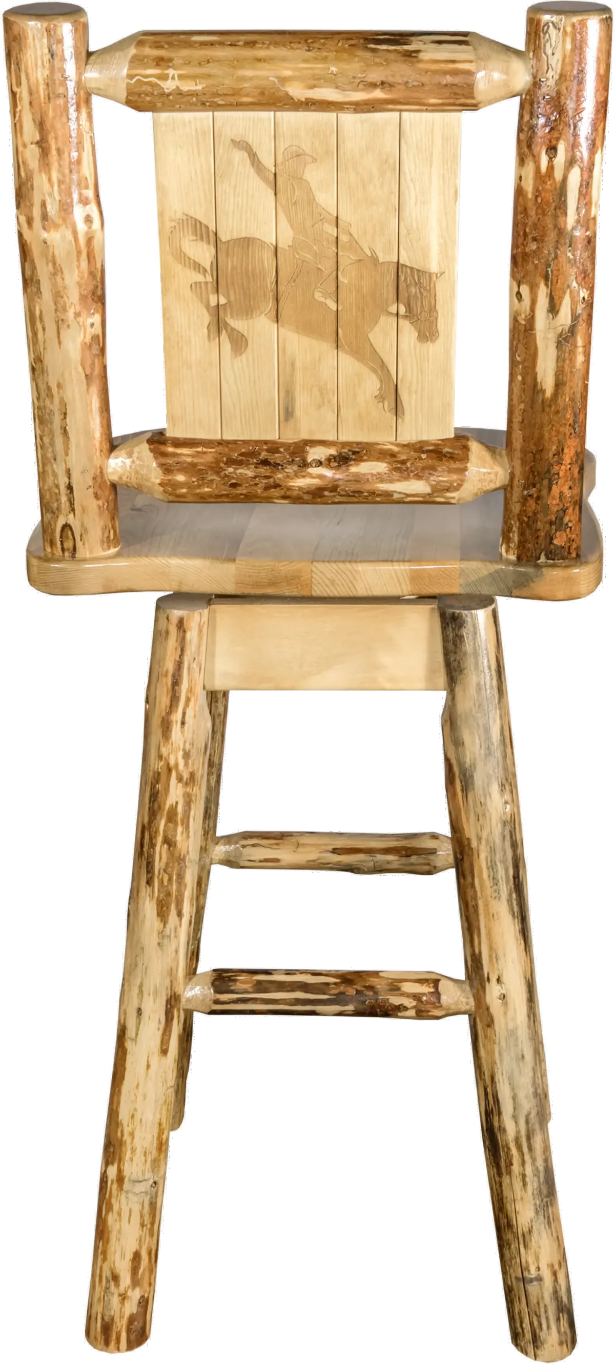 Rustic Pine Swivel Bar Stool with Laser Engraved Bronc - Glacier