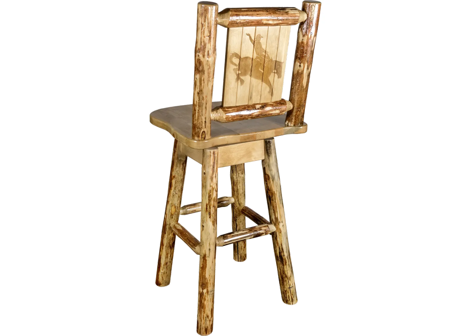 Rustic Pine Swivel Bar Stool with Laser Engraved Bronc - Glacier