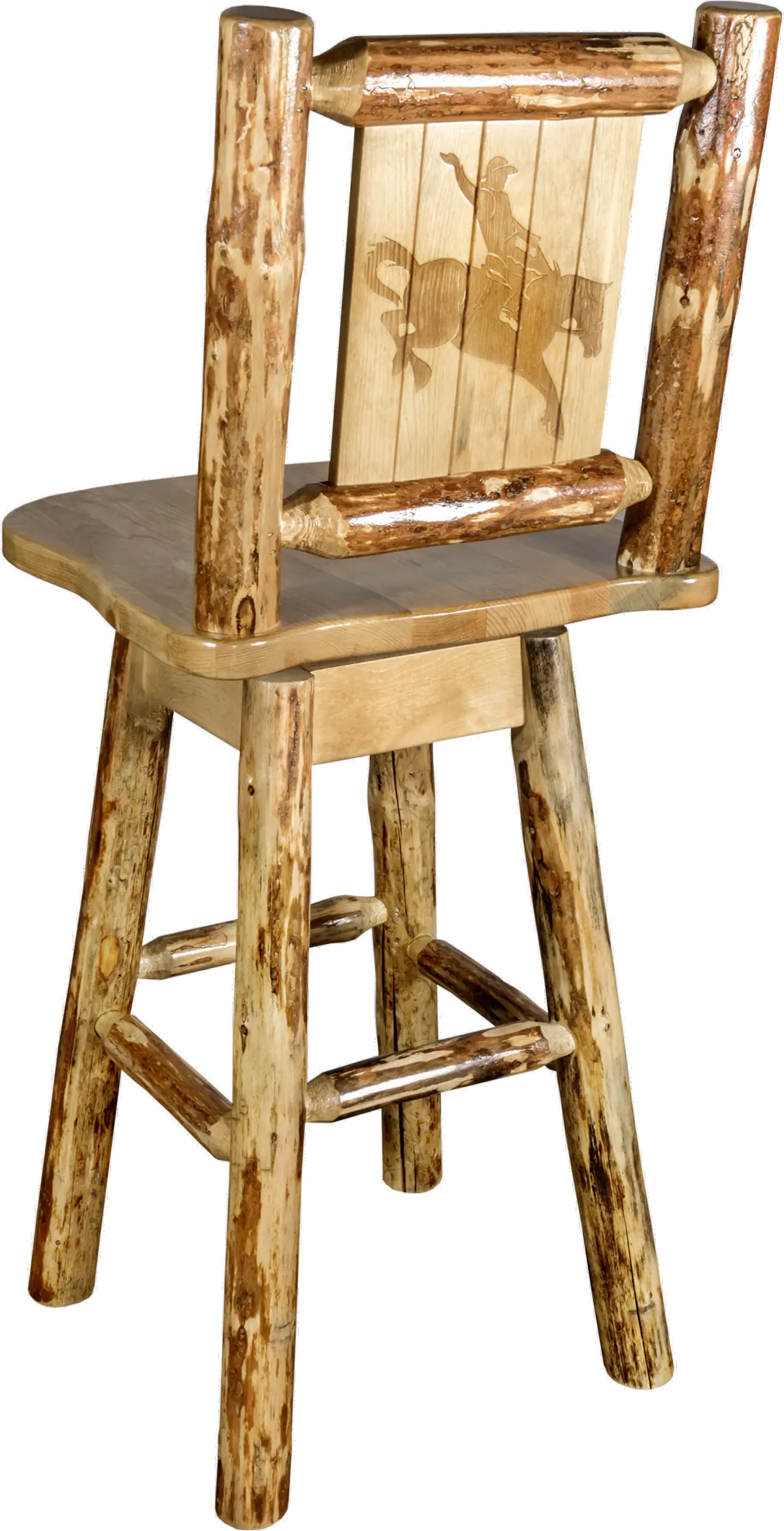 Rustic Pine Swivel Bar Stool with Laser Engraved Bronc - Glacier