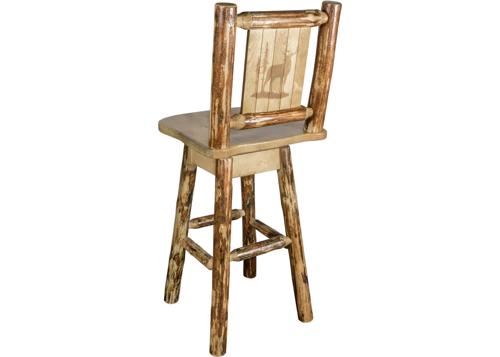 Rustic Pine Swivel Bar Stool with Laser Engraved Elk - Glacier