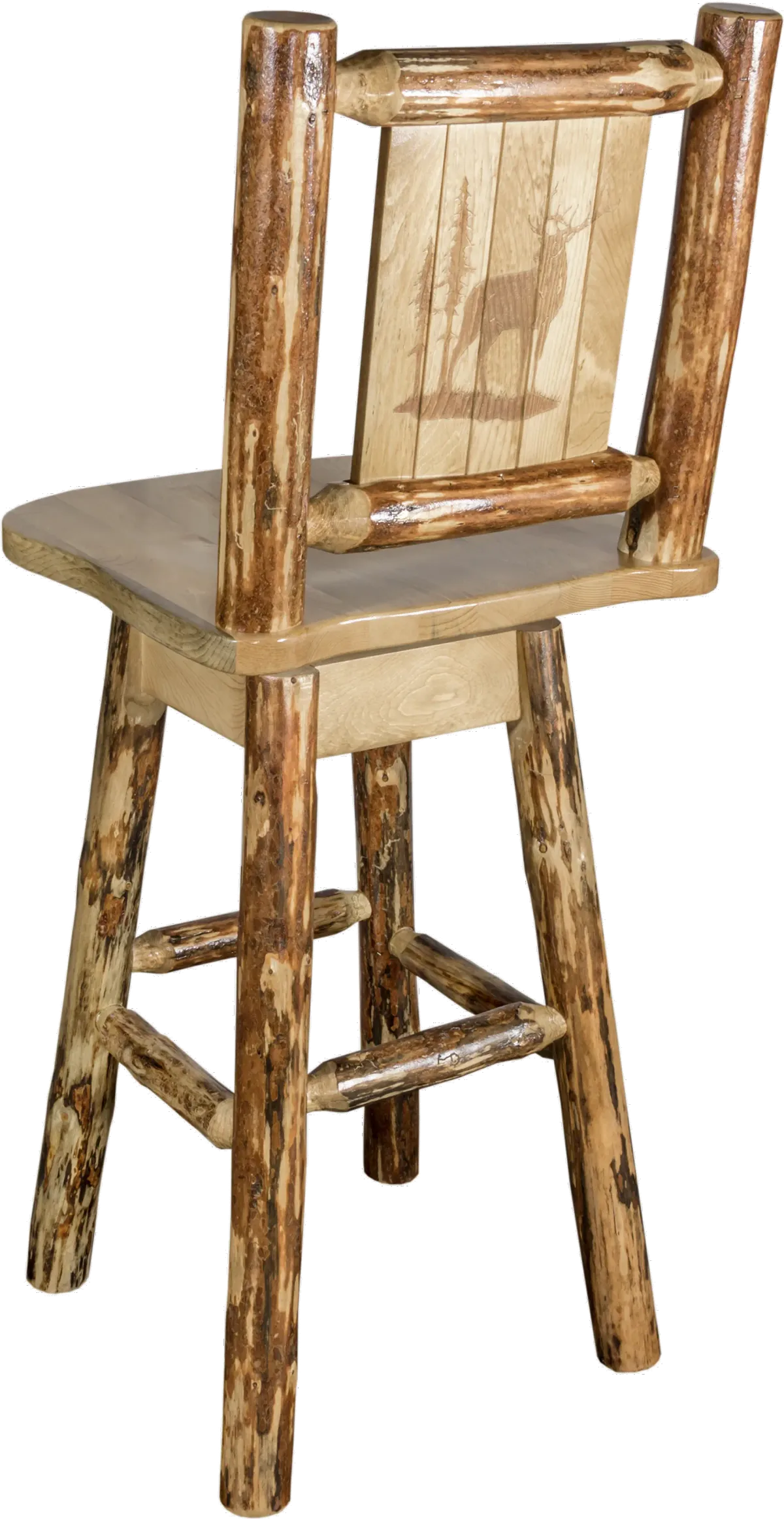 Rustic Pine Swivel Bar Stool with Laser Engraved Elk - Glacier