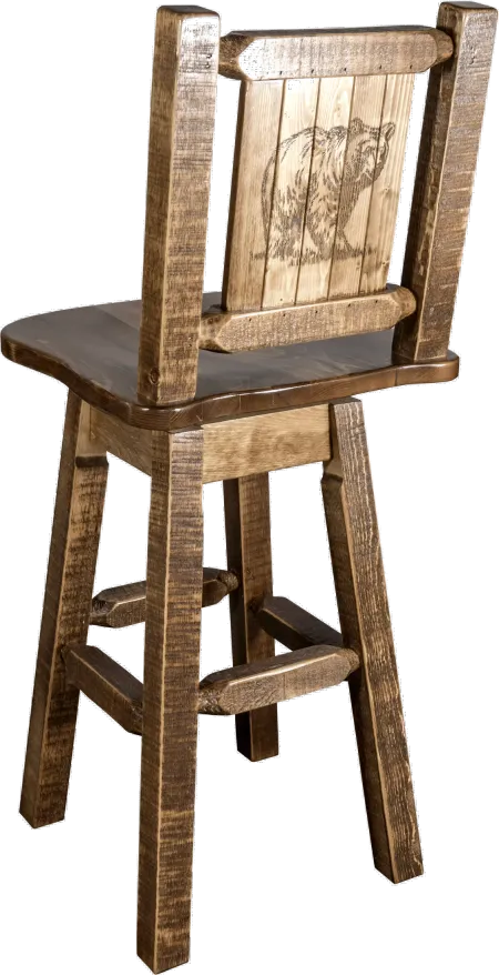 Rustic Swivel Bar Stool with Laser Engraved Bear - Homestead