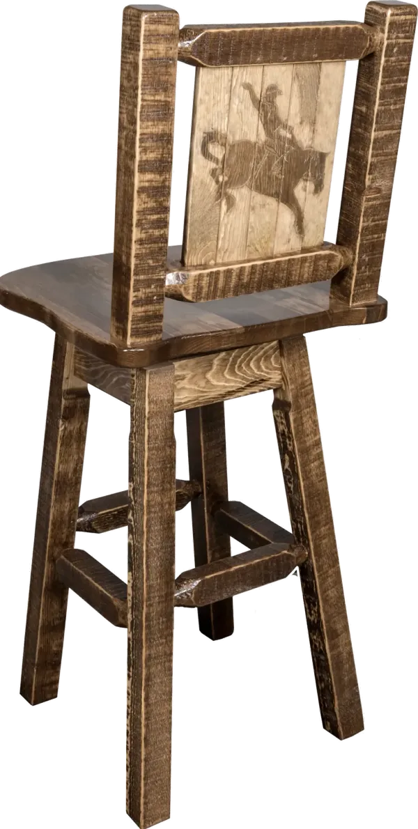 Rustic Swivel Bar Stool with Laser Engraved Bronc - Homestead