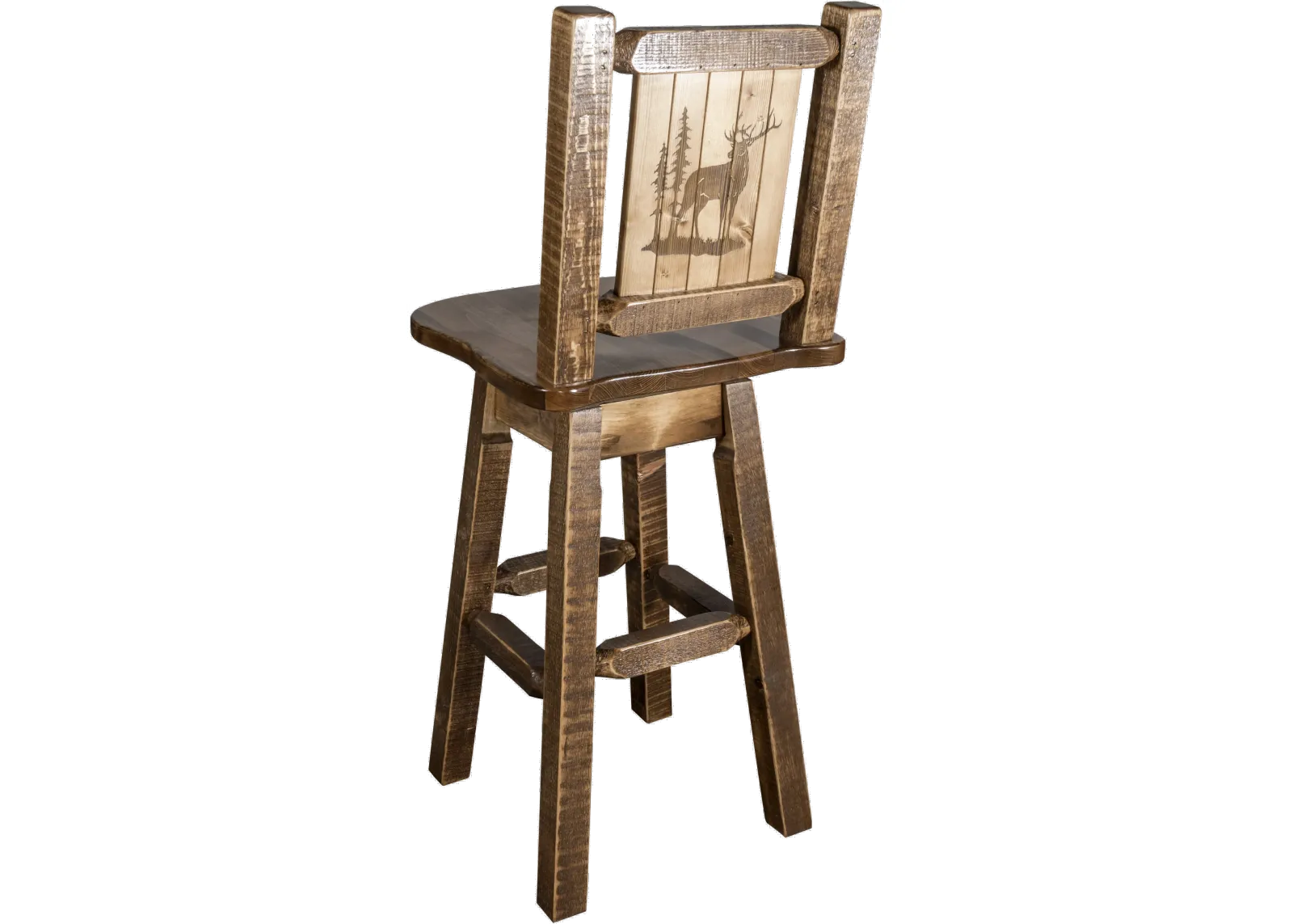 Rustic Swivel Bar Stool with Laser Engraved Elk - Homestead