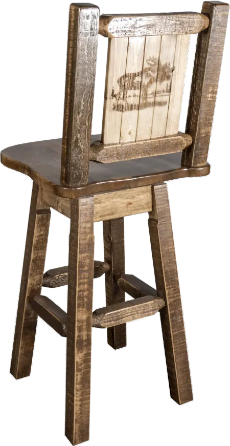 Rustic Swivel Bar Stool with Laser Engraved Moose - Homestead