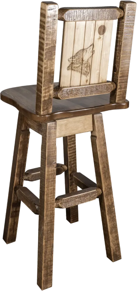 Rustic Swivel Bar Stool with Laser Engraved Wolf - Homestead