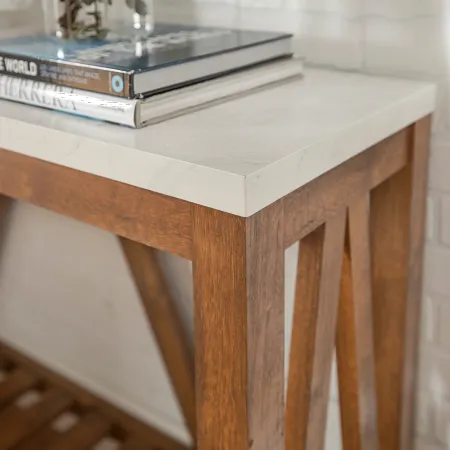 Rustic White Faux-Marble Sofa Table with Walnut Base - Walker Edison