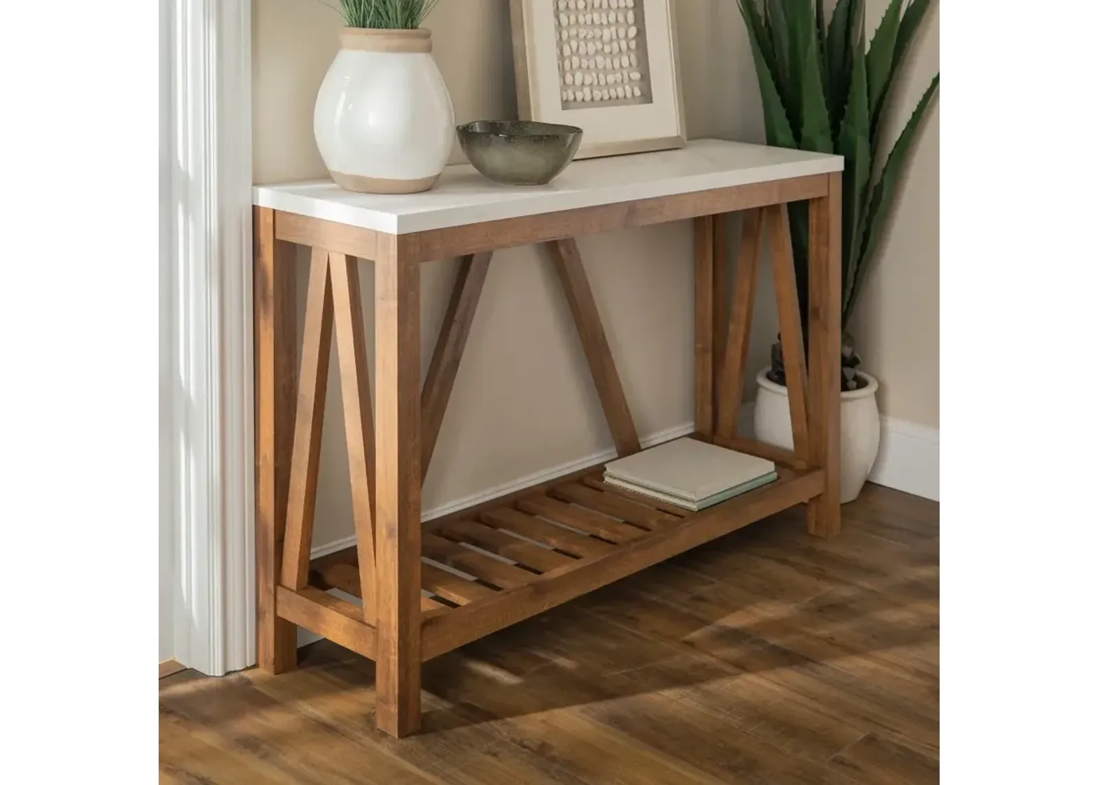 Rustic White Faux-Marble Sofa Table with Walnut Base - Walker Edison