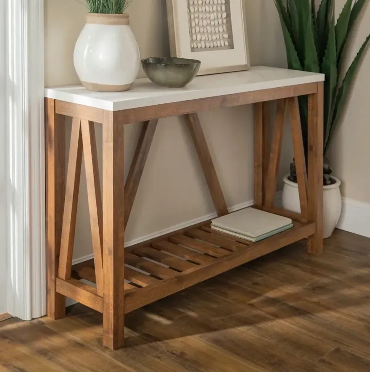 Rustic White Faux-Marble Sofa Table with Walnut Base - Walker Edison