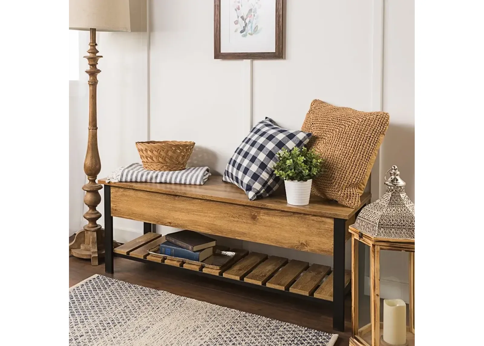 Open-Top Barnwood Storage Bench with Shoe Shelf - Walker Edison