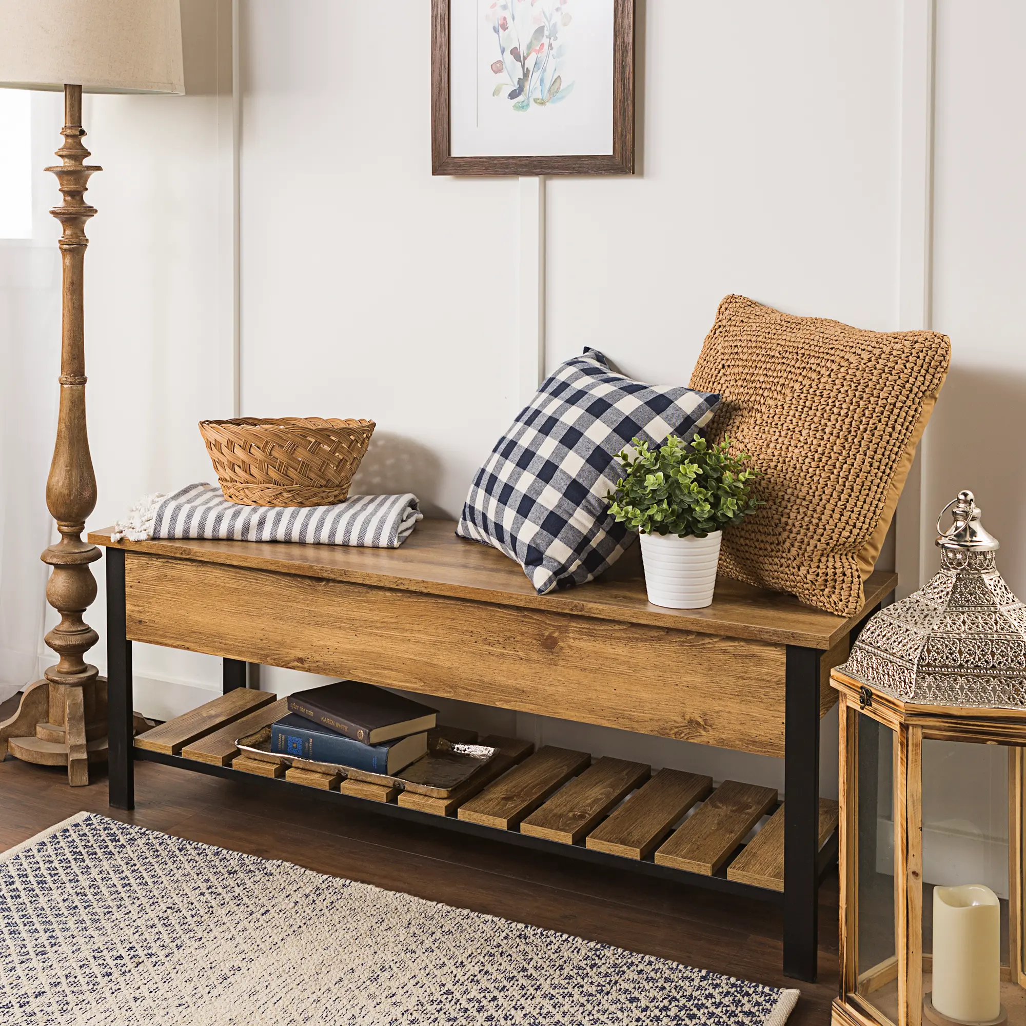 Open-Top Barnwood Storage Bench with Shoe Shelf - Walker Edison