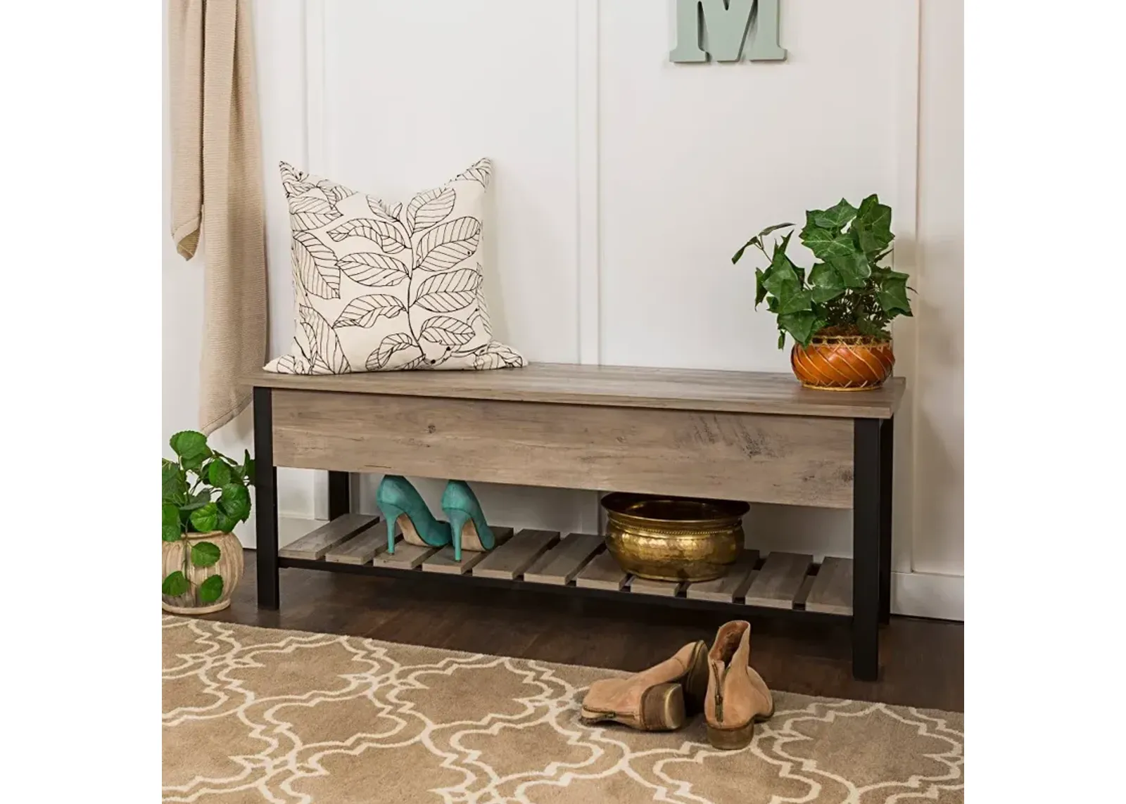 Open-Top Gray Wash Storage Bench with Shoe Shelf - Walker Edison