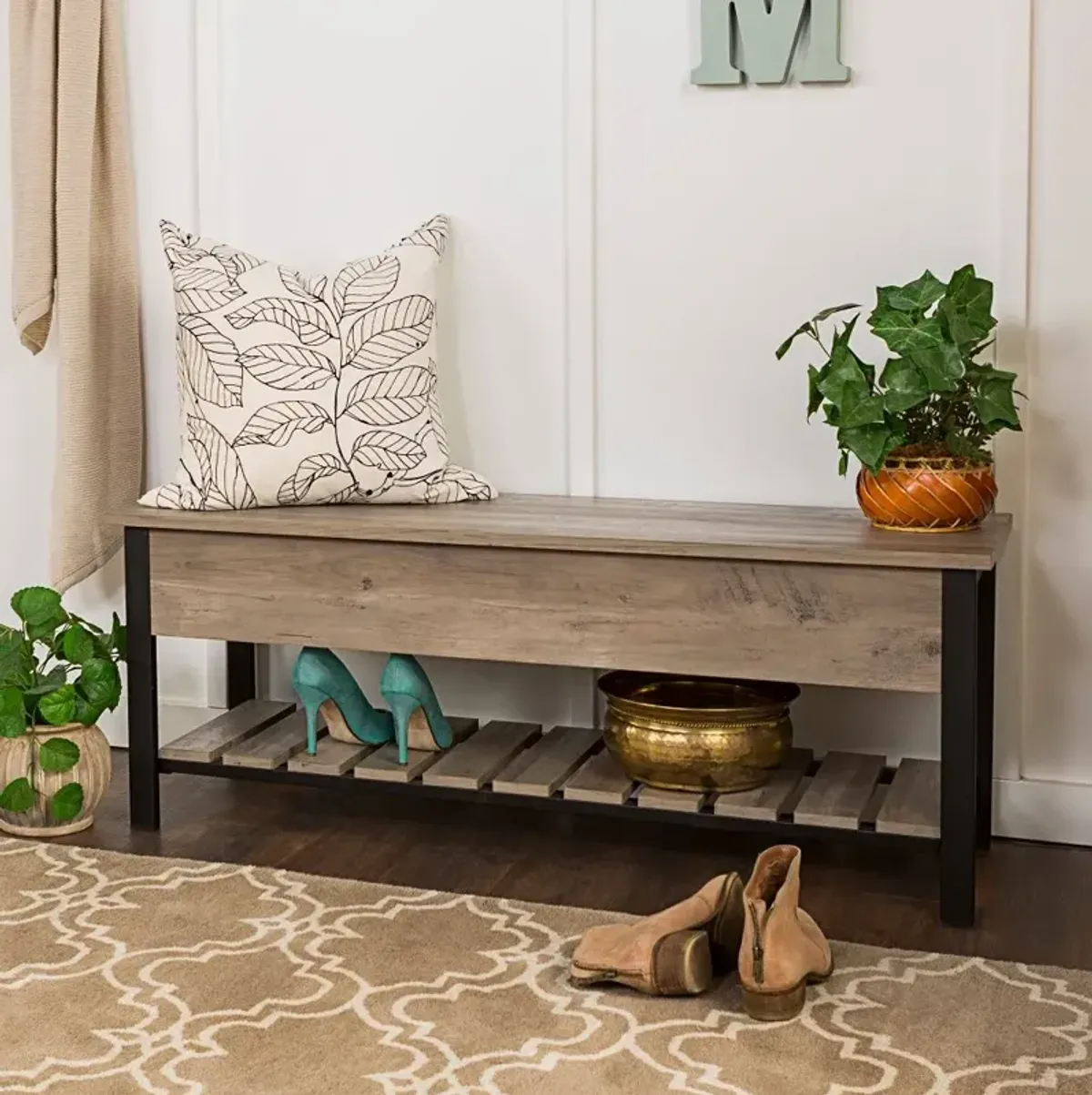 Open-Top Gray Wash Storage Bench with Shoe Shelf - Walker Edison