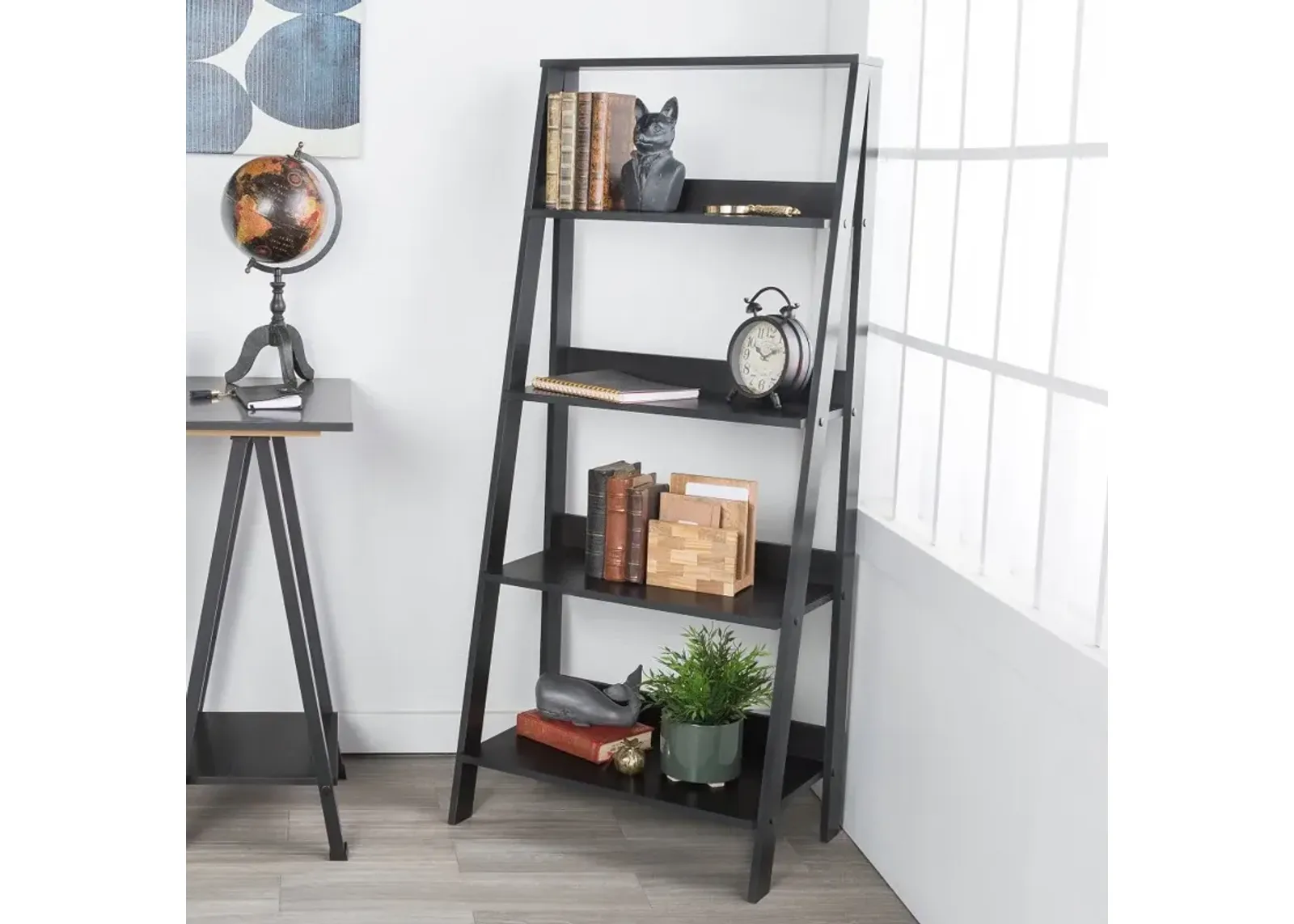 Black Wood Ladder Bookcase - Walker Edison