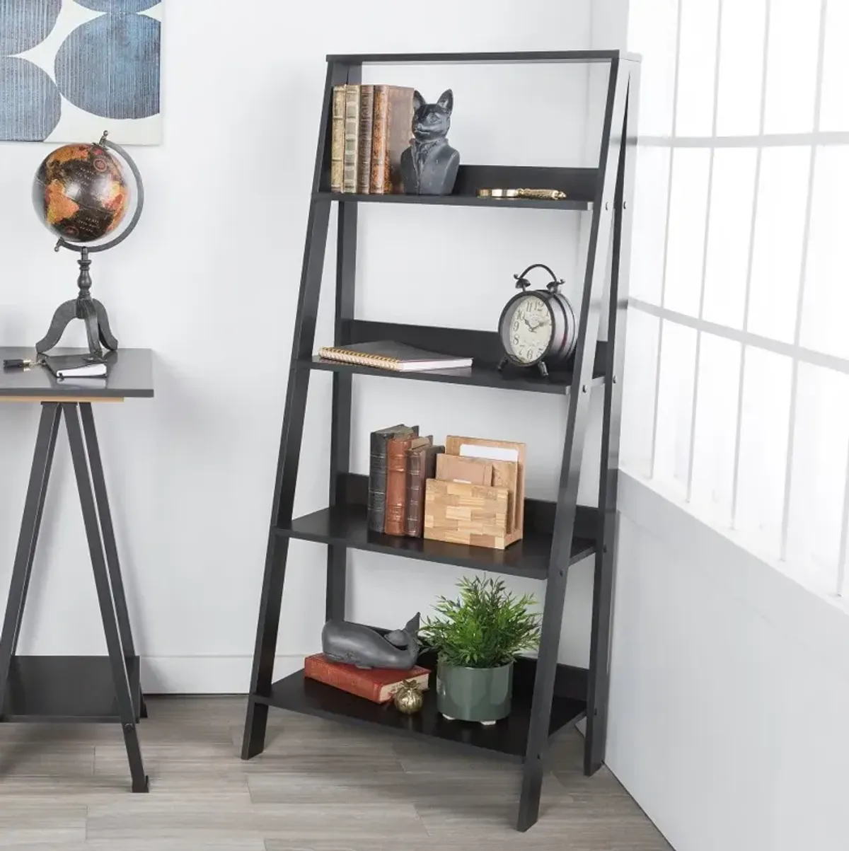 Black Wood Ladder Bookcase - Walker Edison