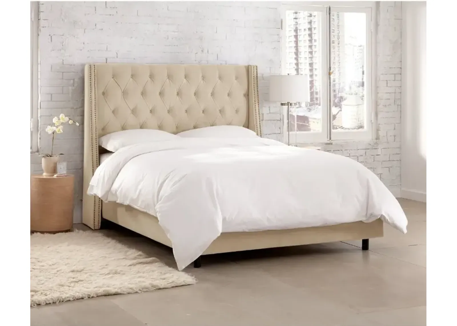 Riley Velvet Pearl Flared Wingback King Bed - Skyline Furniture