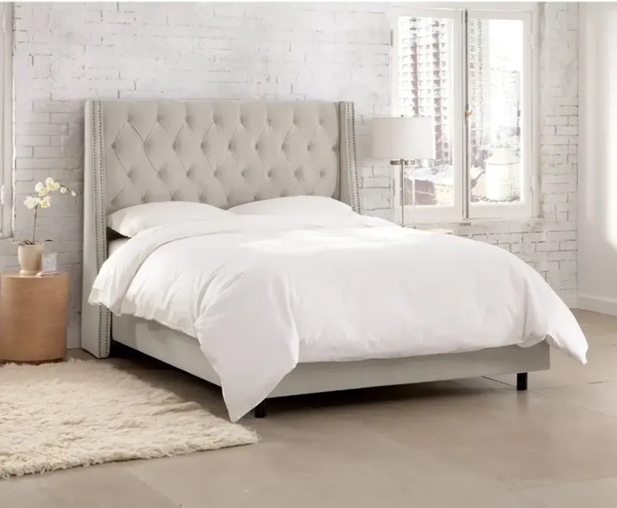 Riley Velvet Light Gray Flared Wingback Queen Bed - Skyline Furniture