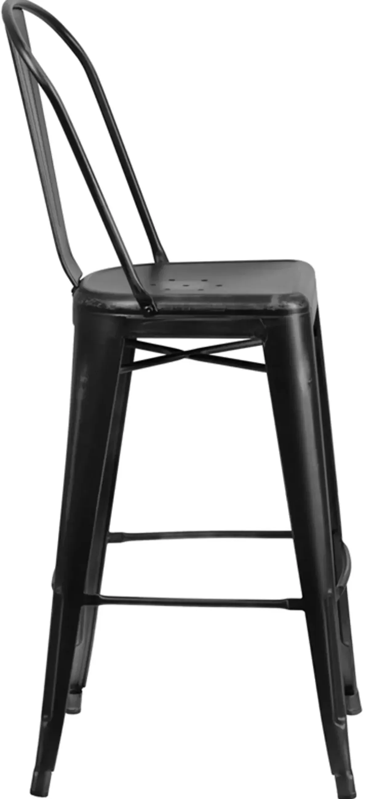 High Back 30" Distressed Black Metal Indoor-Outdoor Bar Stool