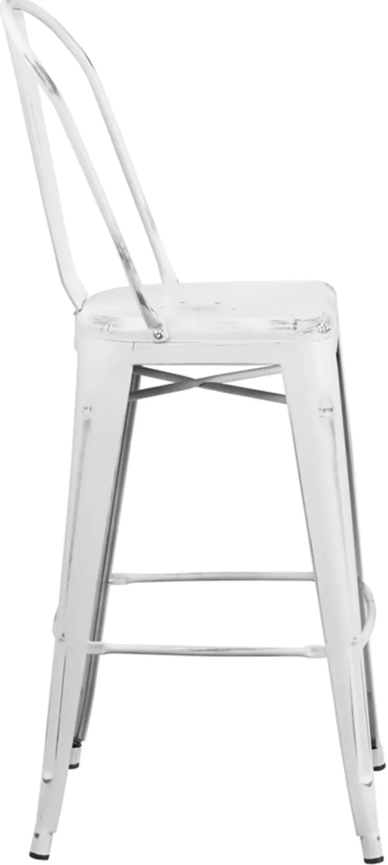 High Back 30" Distressed White Metal Indoor-Outdoor Barstool