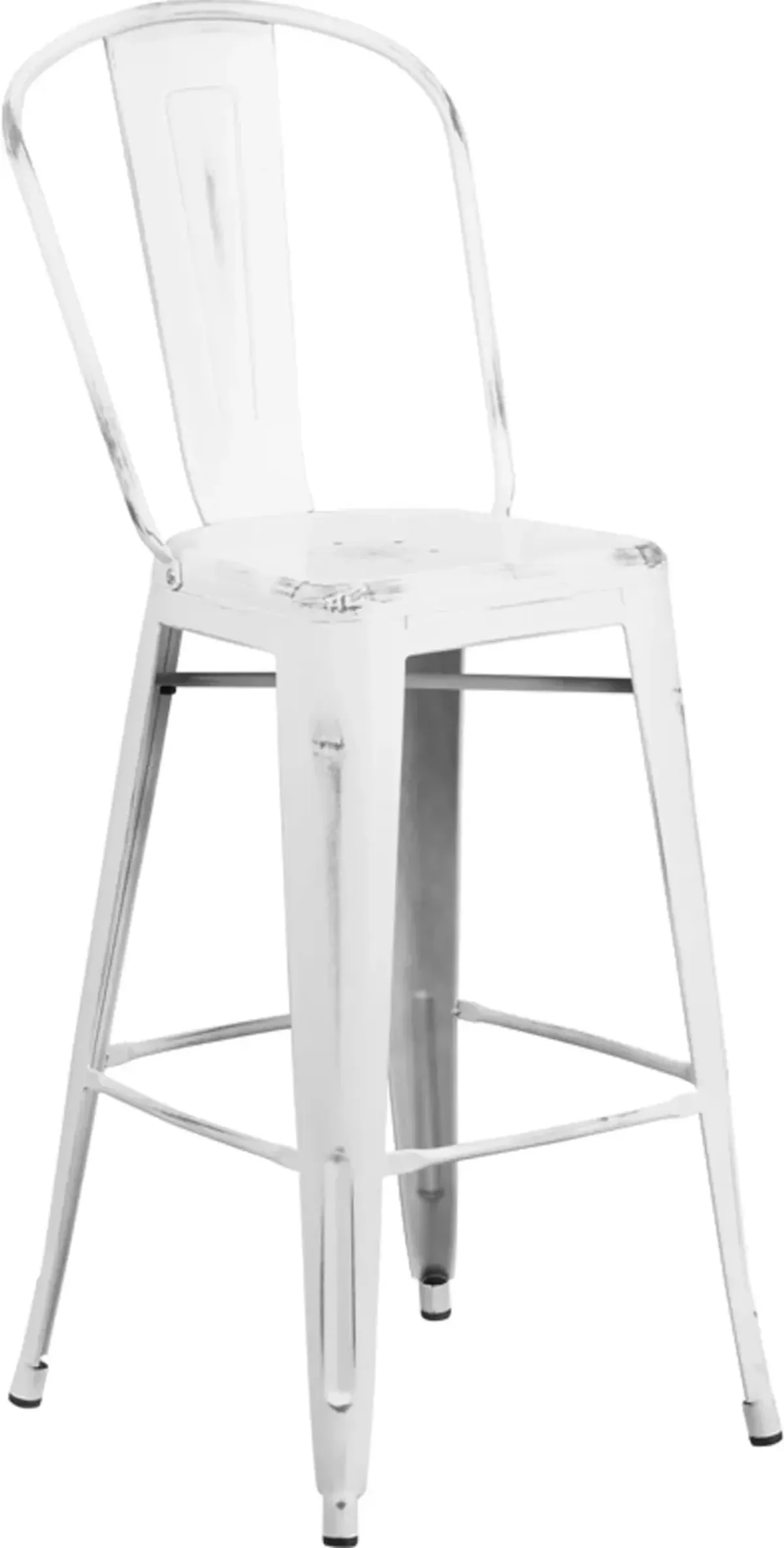 High Back 30" Distressed White Metal Indoor-Outdoor Barstool