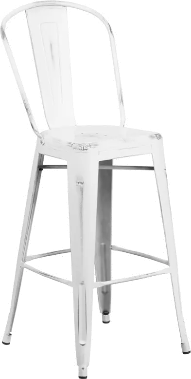 High Back 30" Distressed White Metal Indoor-Outdoor Barstool