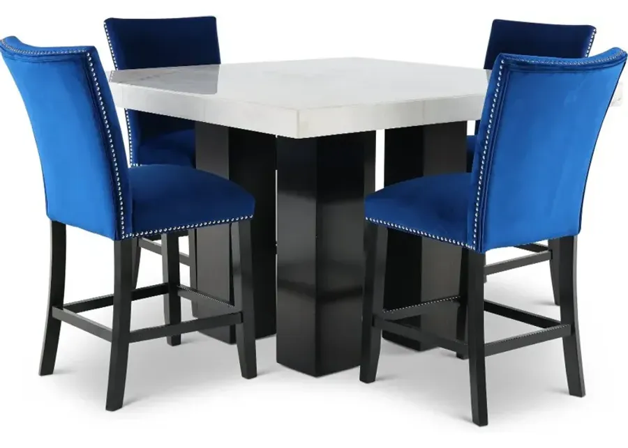 Camila Marble and Blue 5 Piece Counter Height Dining Set