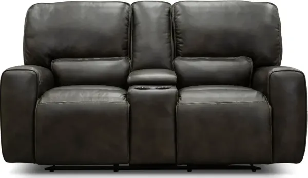 Madrid Charcoal Gray Leather-Match Power Reclining Loveseat with Console
