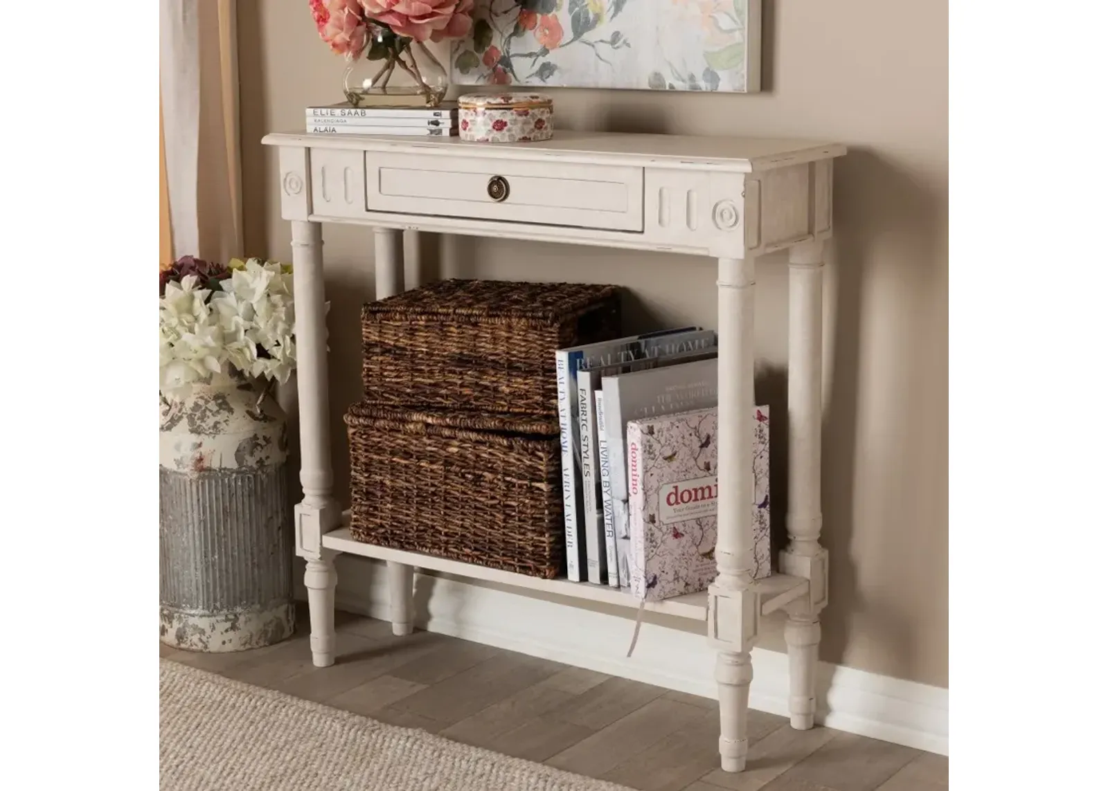 Country Cottage Whitewashed 1-Drawer Console Table - Ariella