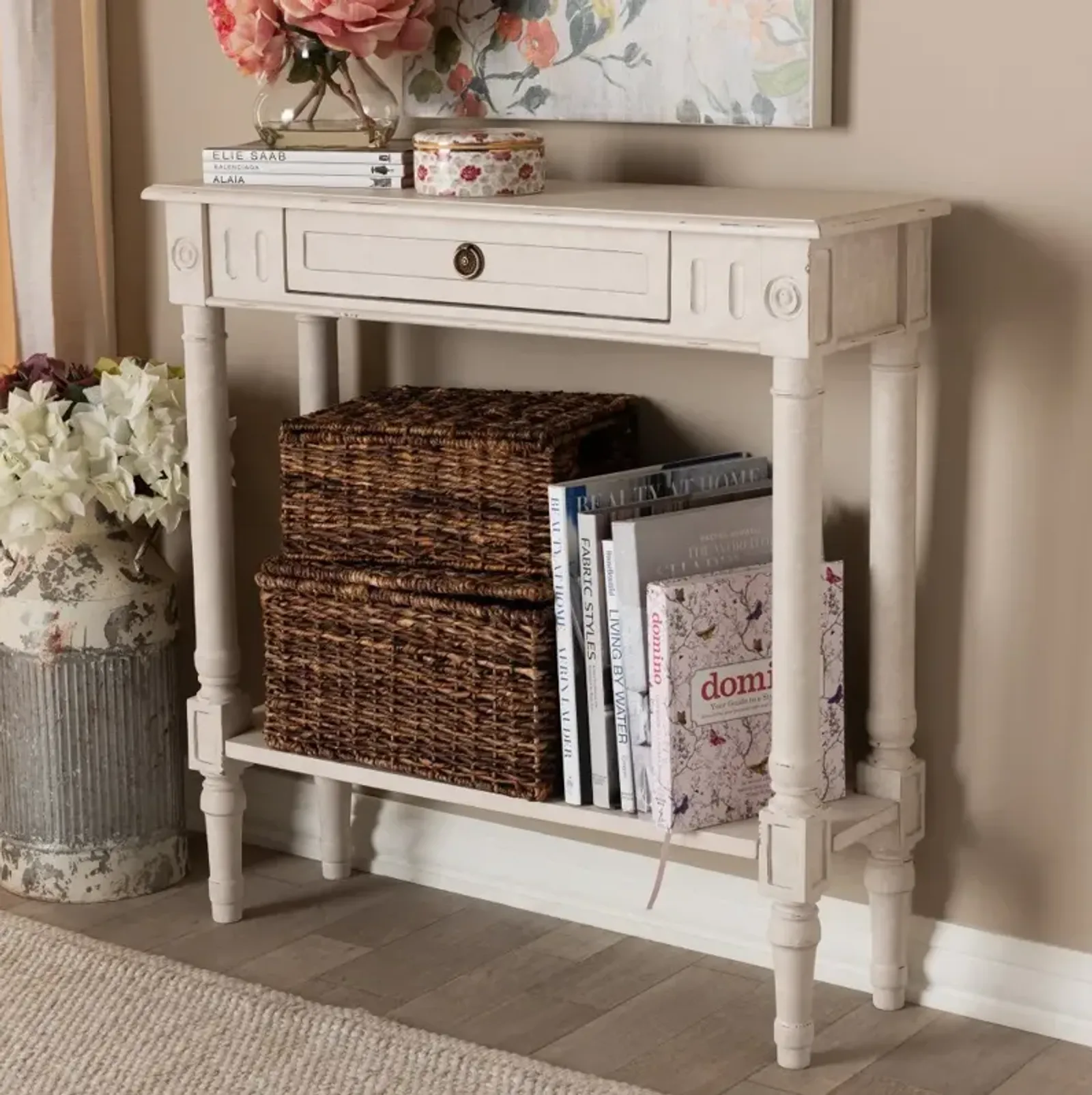 Country Cottage Whitewashed 1-Drawer Console Table - Ariella