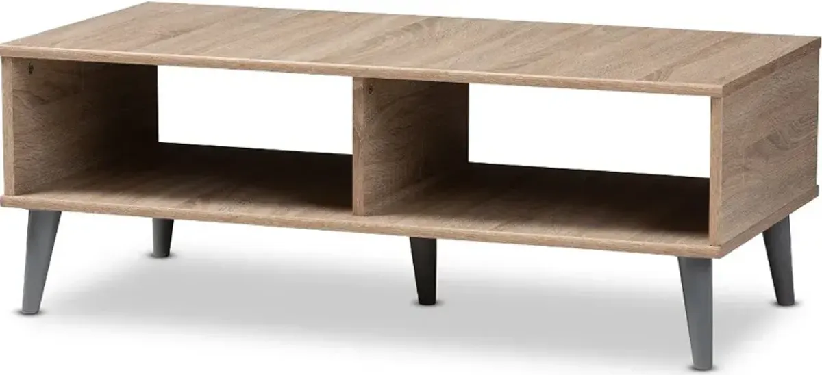 Mid Century Modern Oak and Light Grey Wood Coffee Table - Pierre